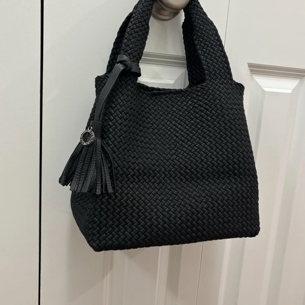 NWOT 120% Lino Italian Black Woven Handbag Mini Tote Logo Tassel
